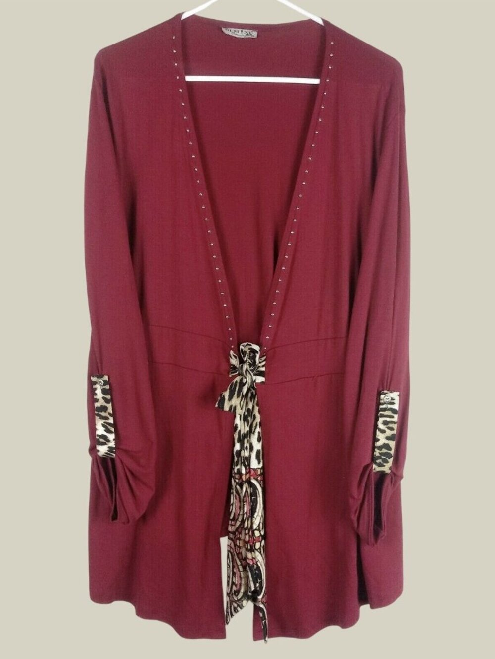 Vintage Animal Print Studded Tie Front Cardigan Womens XL Red Eclectic Boho Fall